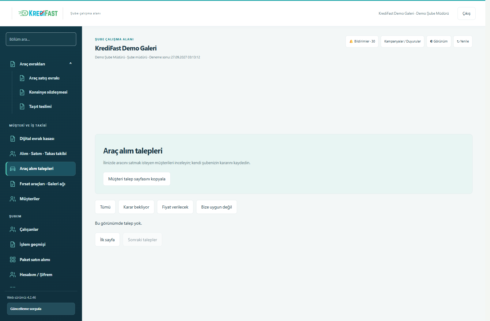 KrediFast demo şube paneli · Araç alım talepleri