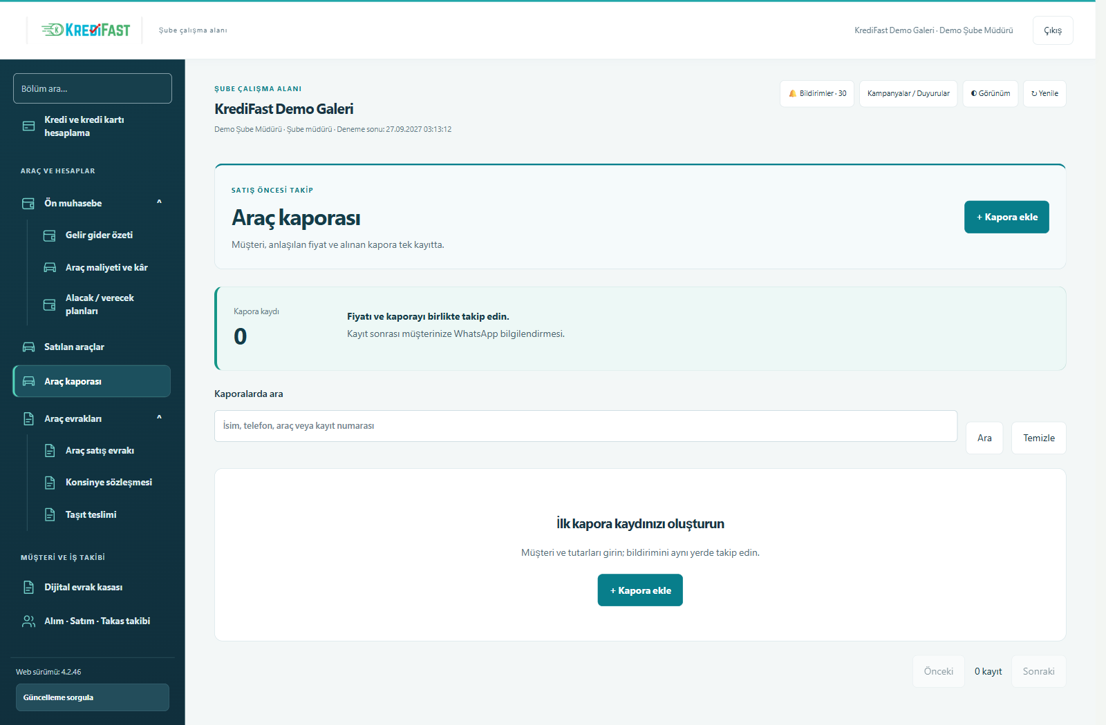 KrediFast demo şube paneli · Araç kaporası ve müşteri bildirimi