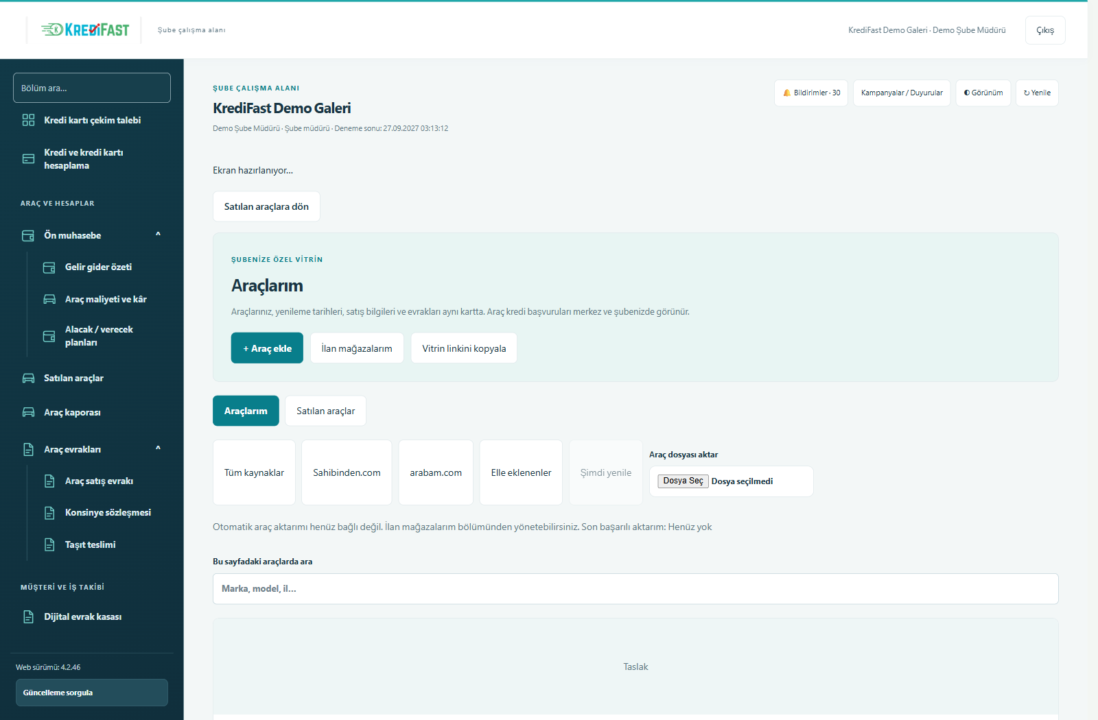 KrediFast demo şube paneli · Araç stok kartı ve hatırlatmalar