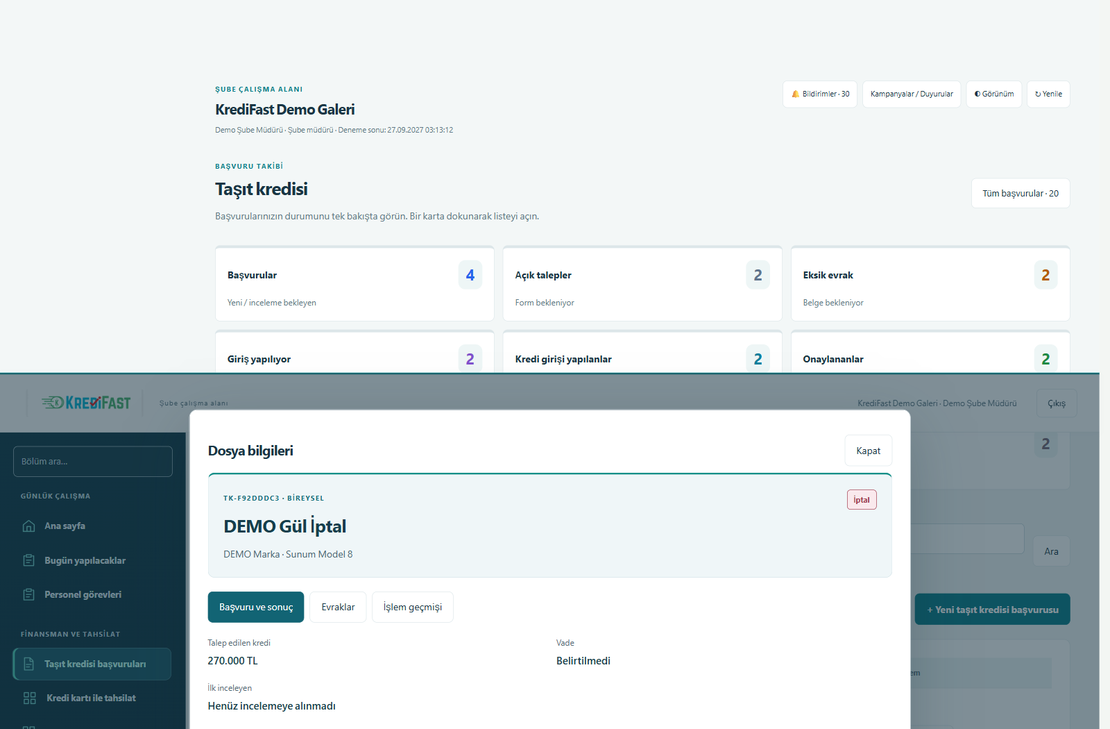 KrediFast demo şube paneli · Müşteriye başvuru formu