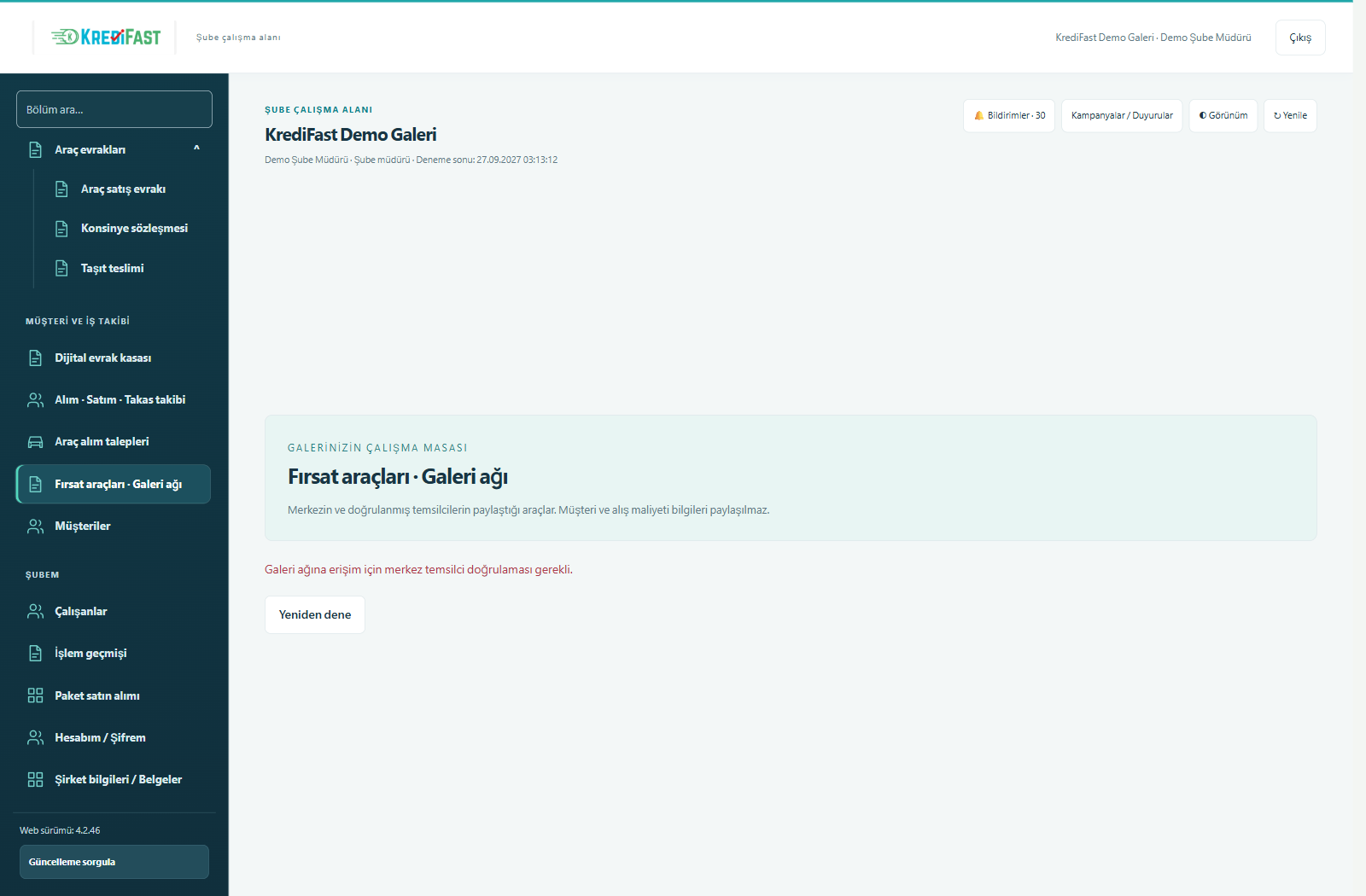 KrediFast demo şube paneli · Fırsat araçları ve galeri ağı