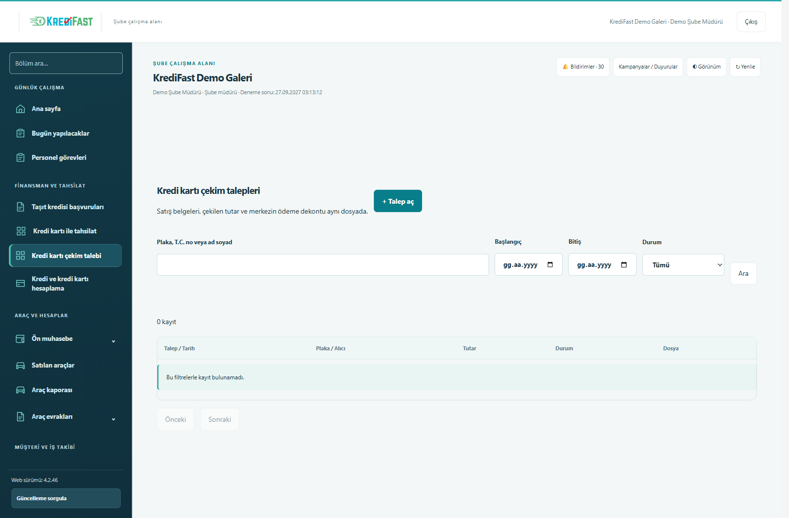 KrediFast demo şube paneli · Kredi kartı çekim talebi