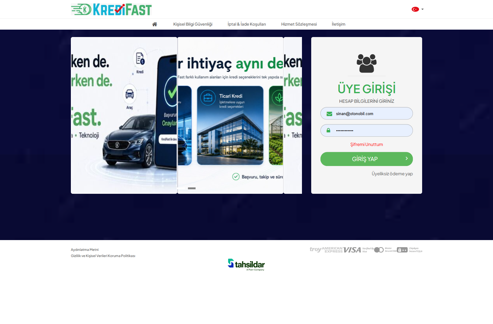 KrediFast demo şube paneli · Kredi kartı ile tahsilat