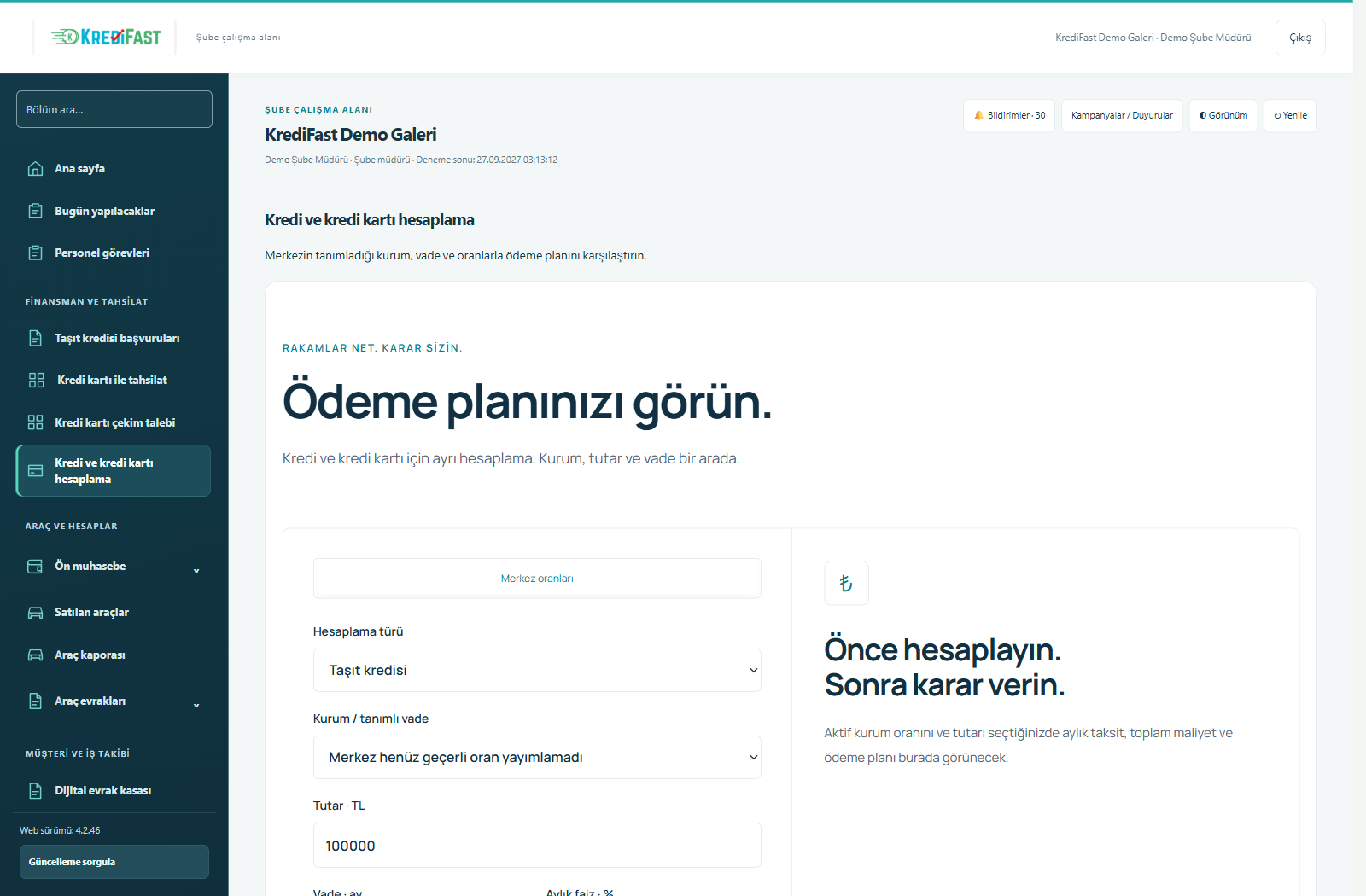 KrediFast demo şube paneli · Kredi ve kredi kartı hesaplama