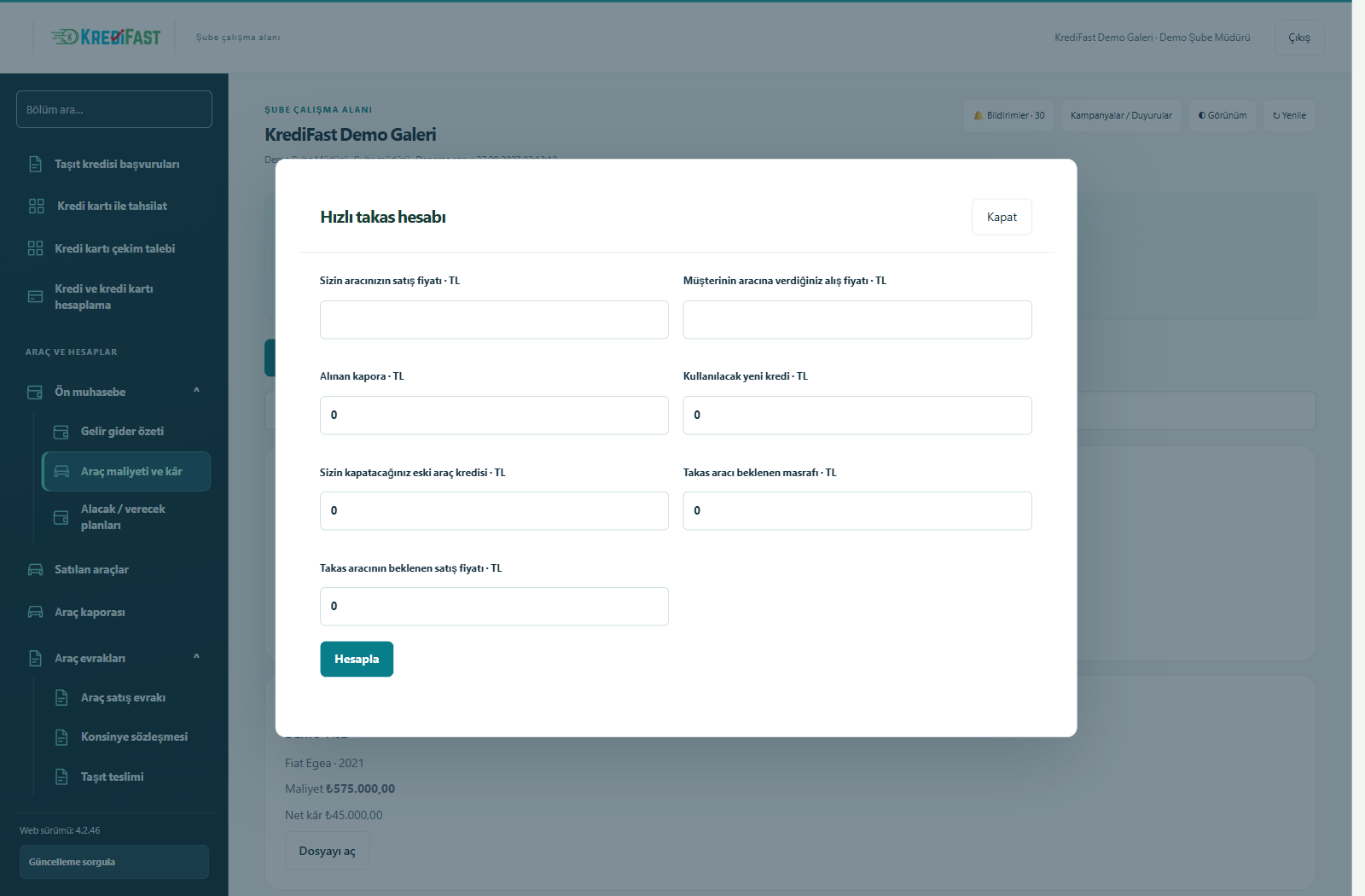KrediFast demo şube paneli — Hızlı takas hesabı